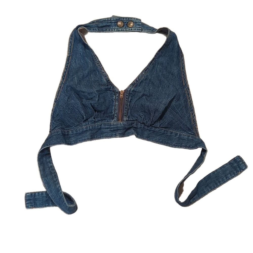 Lee Blue Denim Halter Top Front Zipper Snap Button Neck Closure